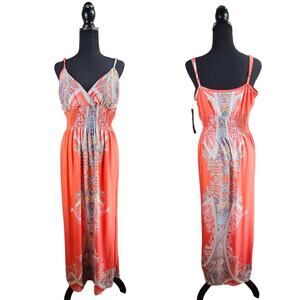 New SNAP Coral Summer Maxi Dress Spaghetti Adjustable Straps Size Large Padded